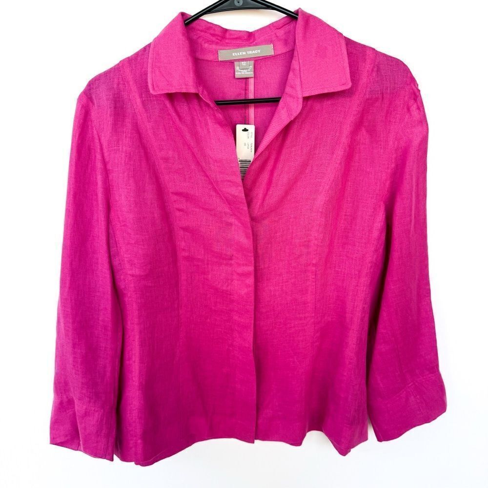 NWT Ellen Tracy 100% Linen Magenta Pink Long Sleeve Top Size 12